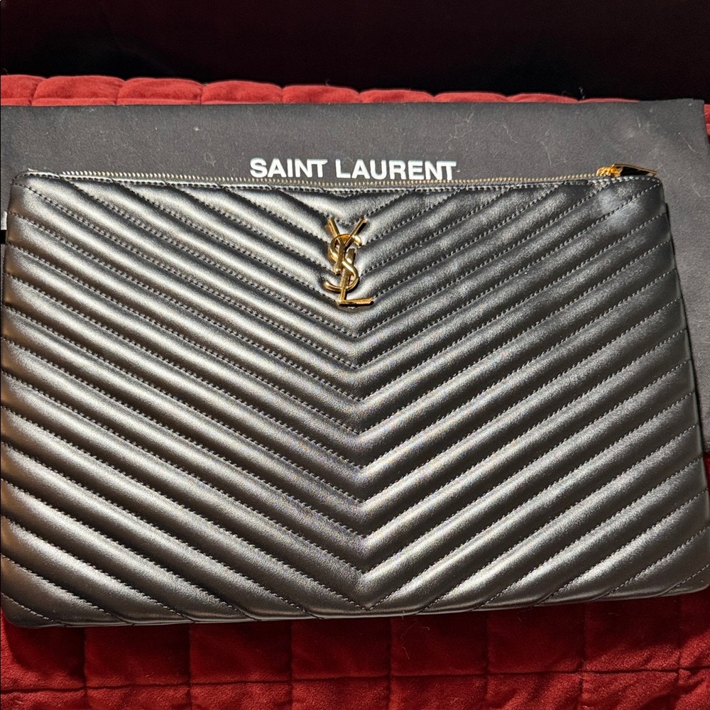 Saint Laurent Black Quilted Leather Wristlet Clutch with Gold YSL Logo